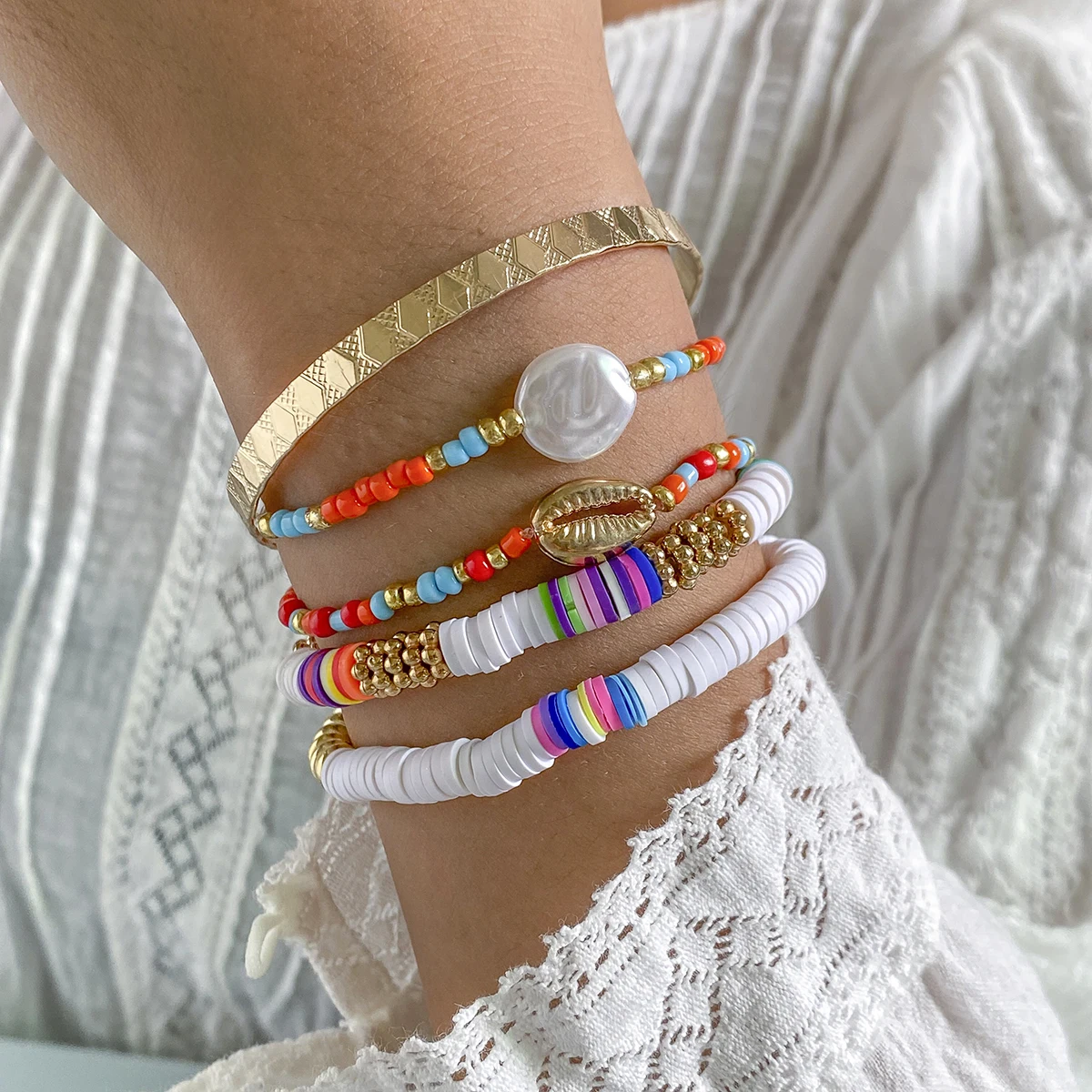 

Lacteo 5 Pcs/Set Bohemian Heishi Clay Beads Chain Bracelet Bangles For Women Trendy Imitation Pearl CCB Charm Bracelets Jewelry