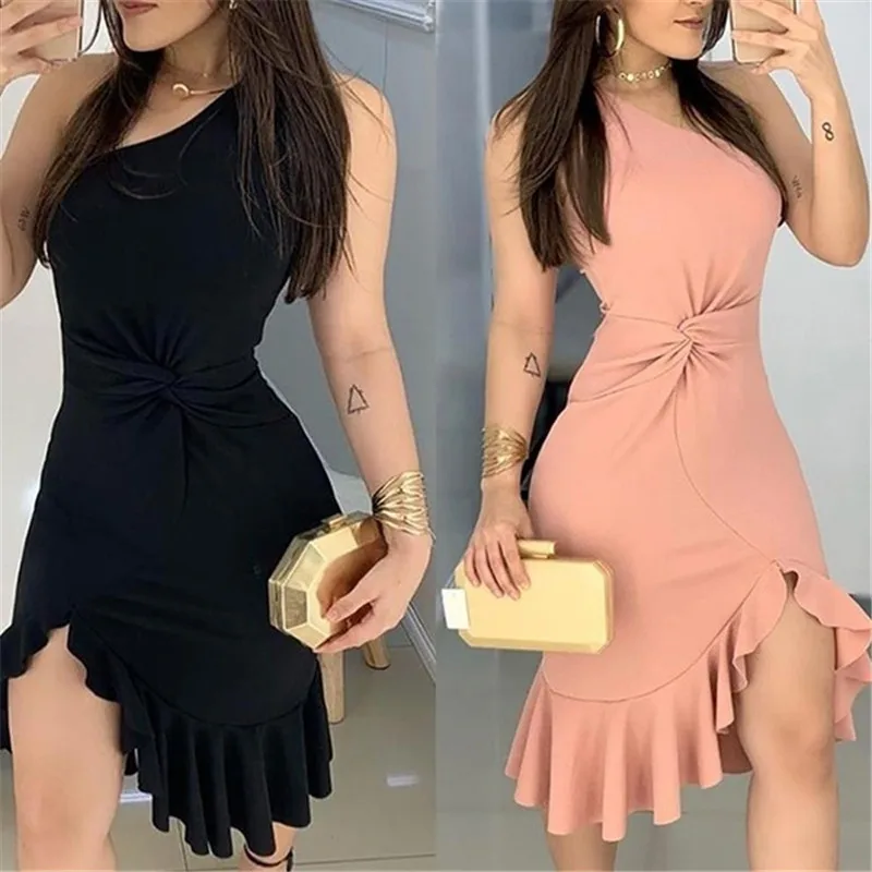 

2021 Newest Women Girl One Shoulder Asymmetric Hem Dress Office Lady Irregular Ruffled Mini Dresses Vestidos For Evening Party