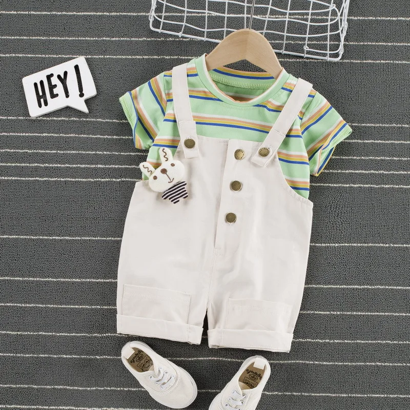 

Baby clothes summer short-sleeved children's bib suit men and women baby casual clothes striped T-shirt + bib baby 2-piece set