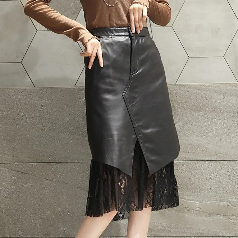 

Asymmetrical High Waist Genuine Leather Skirt Office Ladies Elegant Knee Length Straight Skirts Women Fashion Splice Lace Skirt
