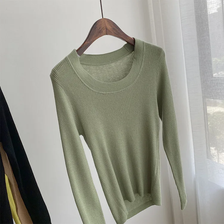 

Autumn New Big U-neck Knit Sweater Is Thinner and Slim Fit All-match Elastic Bottoming Top Women
