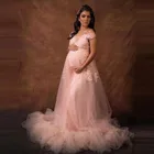 Элегантное розовое кружевное беременности и родам платья Кепки рукава, треугольный вырез, пышное с оборками размера плюс фотосессии Беременность мягкие банные халаты