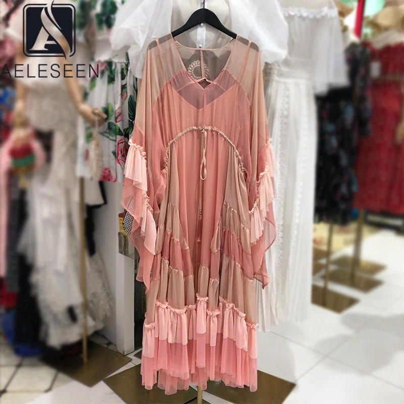 

AELESEEN Runway Fashion Women Loose Dress 2021 High Quality V-Neck Tassel Ruffles Bohemian Loose Party Holiday Irregular Dress