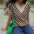 Женский клетчатый свитер, жилет с шахматным принтом, вязаный жилет Y2k, эстетичный мини-жилет, джемпер, Повседневная Уличная одежда, топы в стиле пэчворк