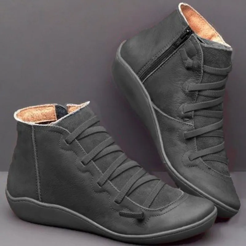 Women's PU Leather Ankle Boots Women Autumn Winter Cross Strappy Vintage Punk Flat Ladies Shoes Woman Botas Mujer | Обувь