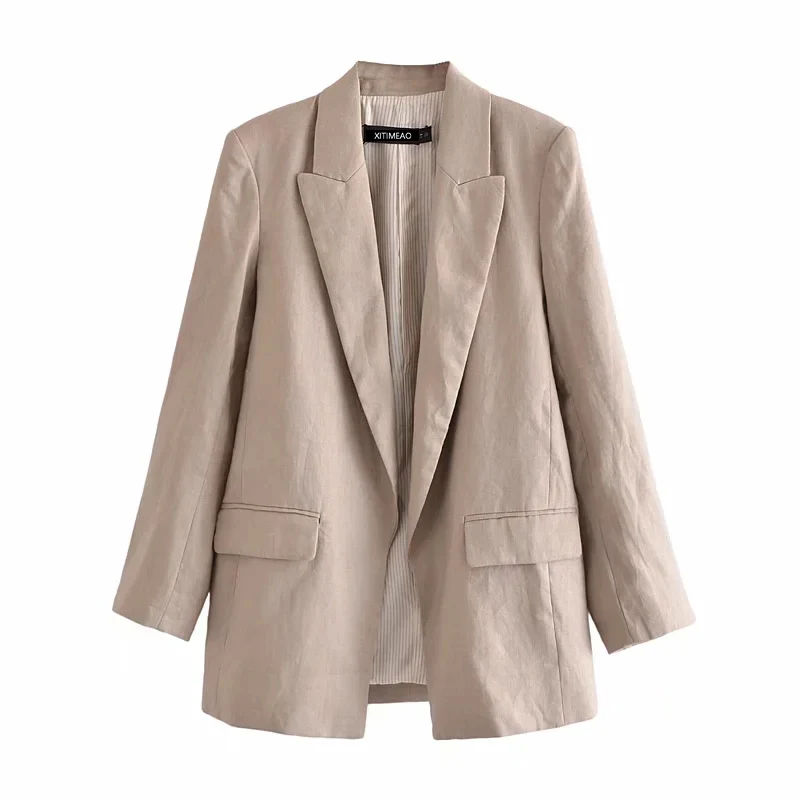 

Women 2021 Fashion Buttonless Oversized Blazer Thin Coat Vintage Long Sleeve Pockets Loose Female Outerwear Chic Tops