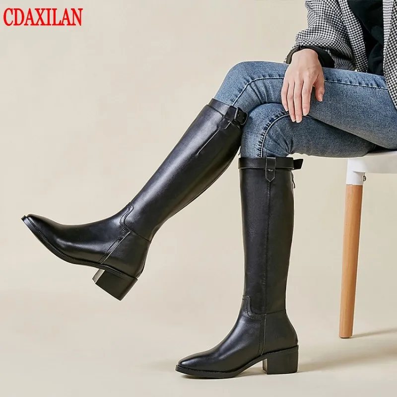 

DAXILAN new to women's boot genuine cow leather back zipper square heel Mid-heels motorcycle boots knee-high boots winter autumn