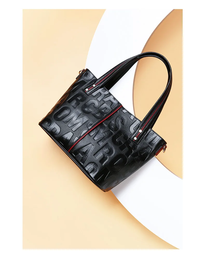 Wmnuo Brand Bag Women's Tote Genuine Leather Handbag For Women Cow Personality Letter Embossing Ladies Shoulder Bag Two Style