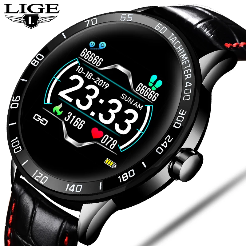 Смарт часы LIGE мужские с кожаным ремешком пульсометром и тонометром|Смарт-часы| |