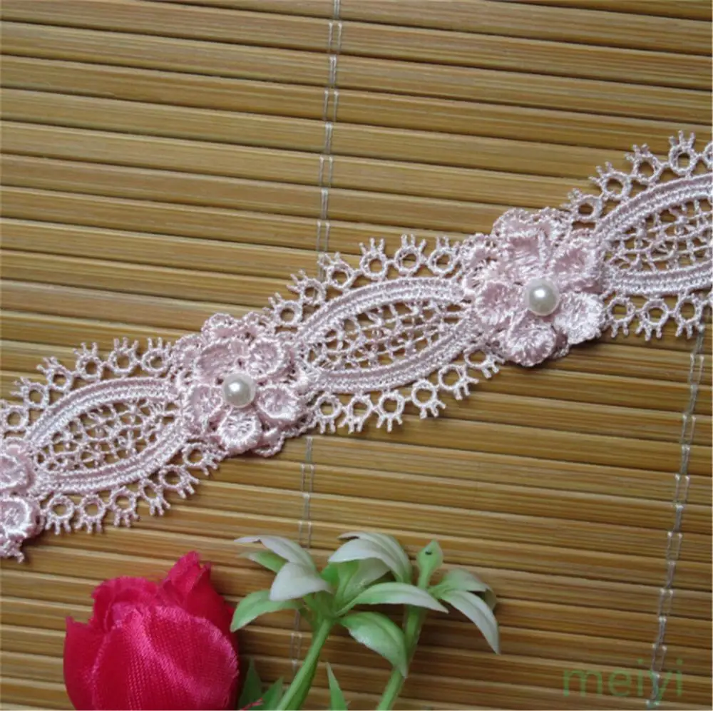 2 ярдов растворимые розовый полиэстер жемчужина цветок вышитые Ткань Кружево