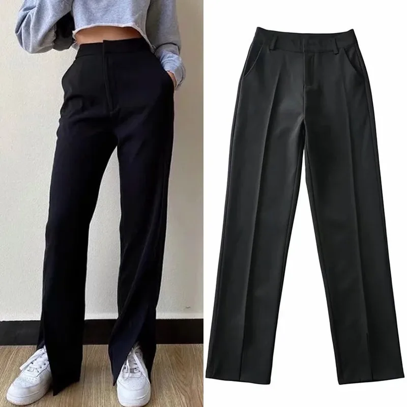 

Women High Waist Black Leg Split Blazer Suit Pants Casual Straight Pants Office Commute Tailored Trousers High Droop Sensation