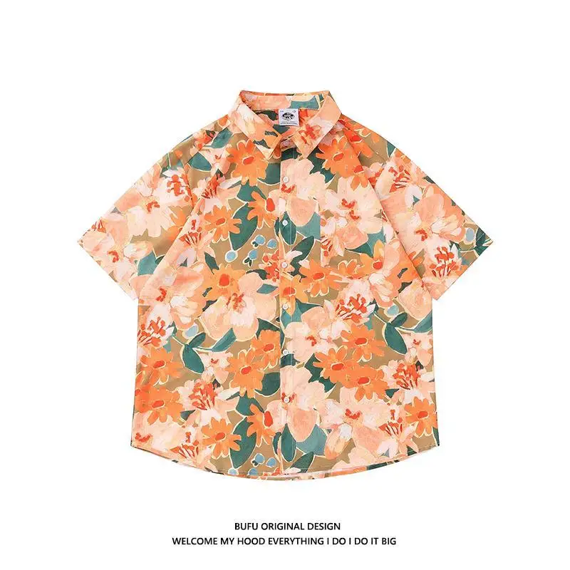

Hip hop trend Floral Shirt Boys short sleeve loose lovers retro BF shirt thin top
