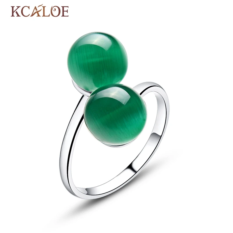 Кольцо с Двойными Шариками Натуральный Зелёный Опал Камень Посеребрённый Металл