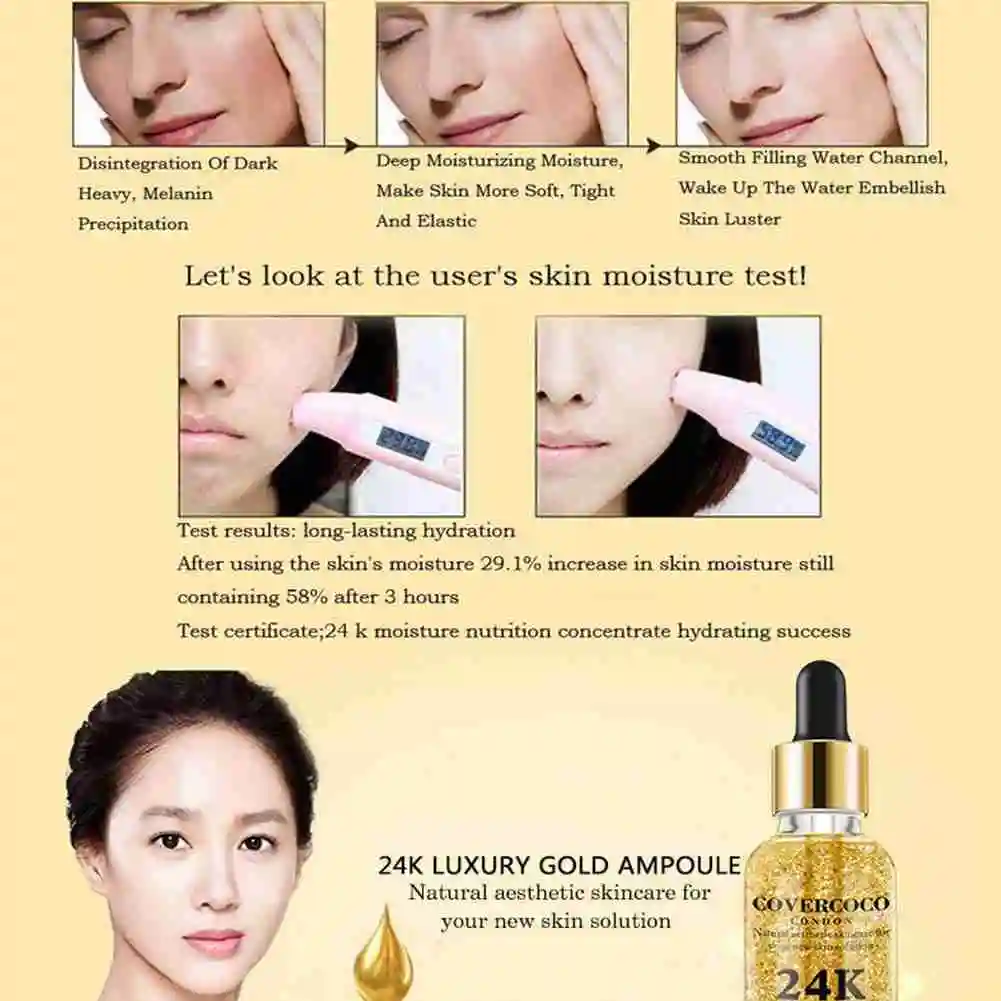 

24K Gold Serum Facial Essence Face Care Skincare Moisturizing Whitening Skin Tonic Anti Aging Wrinkle Remover Gold Foil Liquid