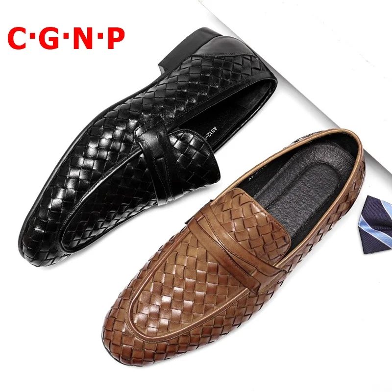 

C·G·N·P Luxury 100% Real Leather Woven Pattern Loafers Men Casual Shoes Handmade Summer Slip On Dress Shoes Wedding Shoe