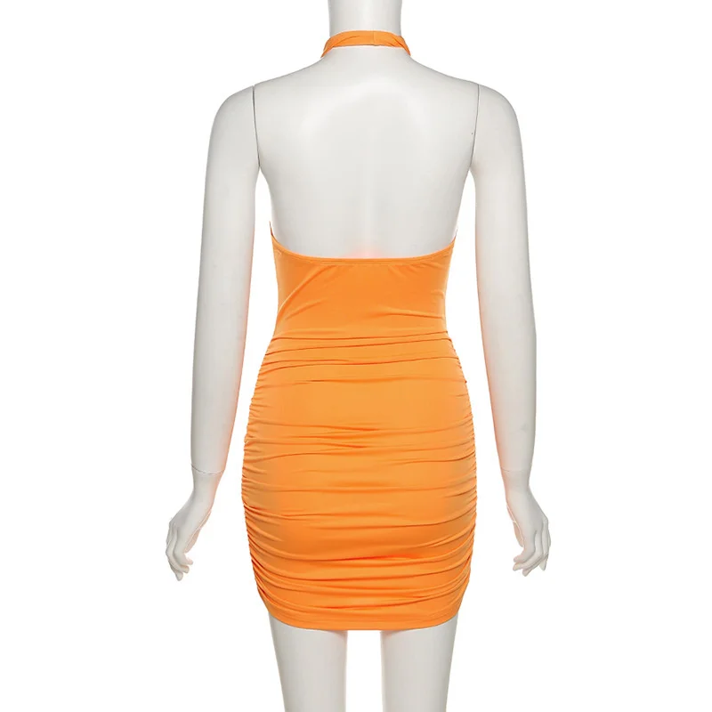 

Aushiya Off Shoulder Halter Fashion Bodycon Dress Summer Sleeveless Hollow Out Dresses For Women Sexy Ruched Party Vestidos 2021