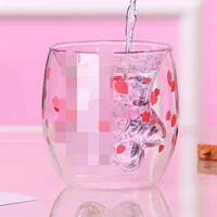 cute sakura cat paw claw cup floral cherry double layer glass coffee milk mug cartoon transparent kawaii best gift for chritmas