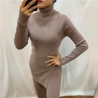 ladies suit 2020 autumn and winter new knitted cashmere turtleneck fashion all match solid color temperament two piece female