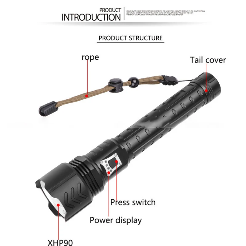 저렴한 야외 사냥 휴대용 손전등 루멘 충전식 램프 Xhp90 강력한 손전등 Led 작업 빛 Zaklamp 캠핑 장비
