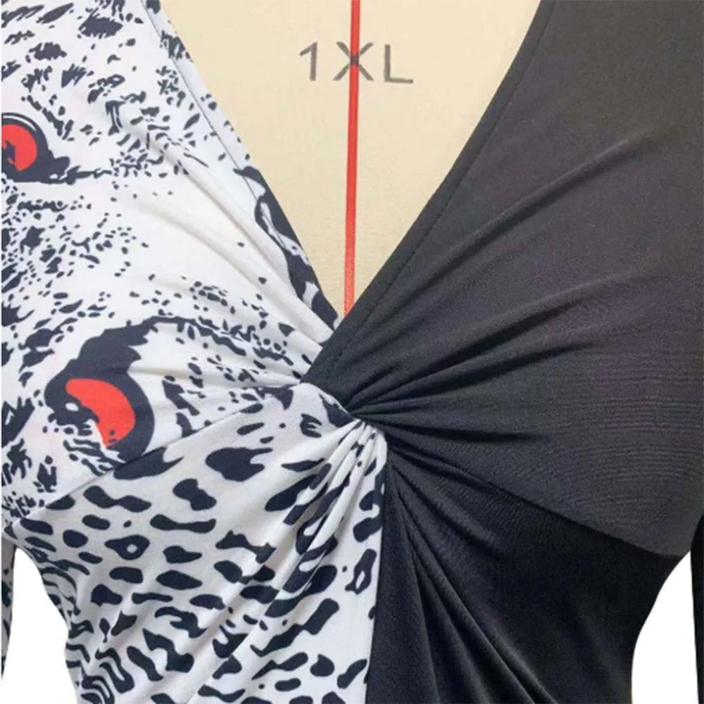 

Autumn 2020 Women Leopard Print Patchwork V-neck Bodycon Midi Dress Sexy Evening Long Sleeve Split Tunic Waist Dresses