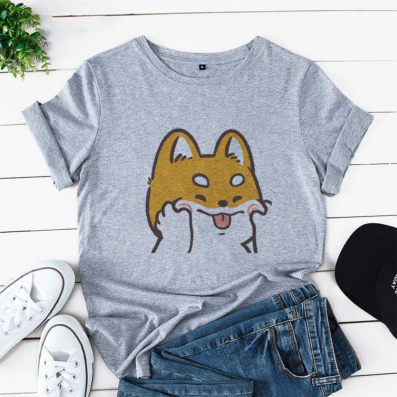 

Kawaii Clothes Cute Cat Shiba Inu Dog Print T-shirt Women Pink T-shirt Summer Loose Harajuku Casual TShirt Streetwear Tops Tee