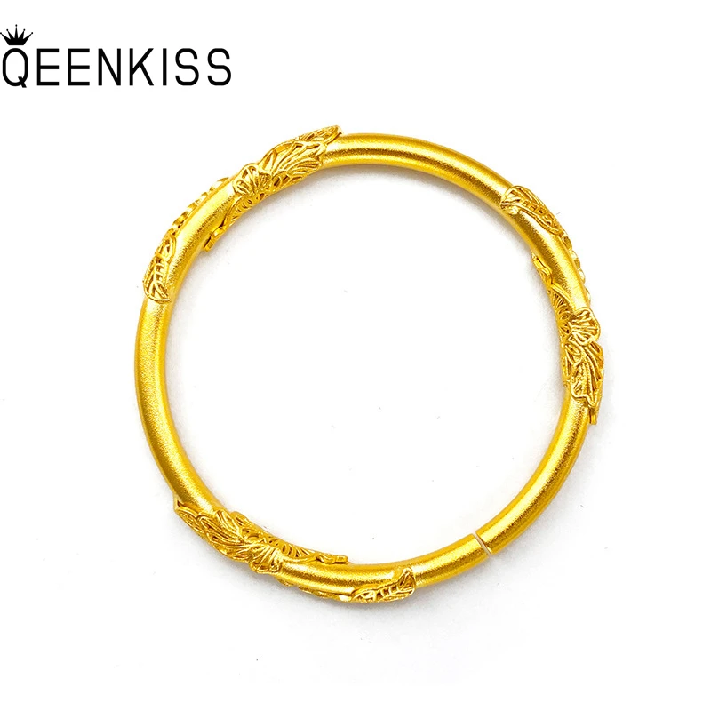 

QEENKISS BT524 2021 Fine Jewelry Wholesale Hot Fashion Woman Girl Birthday Wedding Gift Leaves Round 24KT Gold Bracelet Bangle