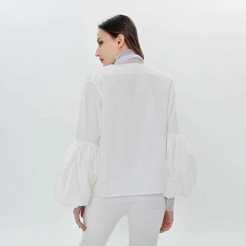 

VGH Minimalist Solid Blouse For Women V Neck Lantern Sleeve White Ruched Plus Size Shirt Female 2020 Fall Fashion New Clothes