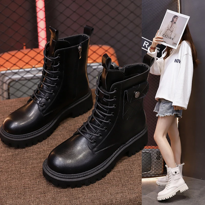 

Женские мотоциклетные ботинки HKYX, Черные ботильоны из натуральной кожи на массивной платформе, обувь для вечерние, 2021