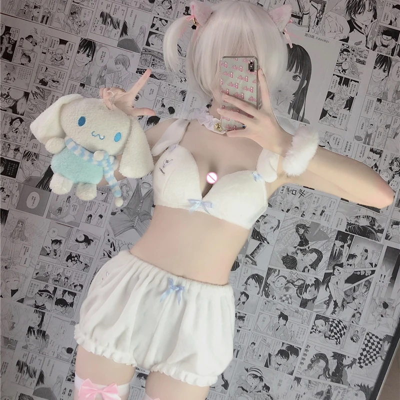 Милый розовый белый Бархатный комплект с бюстгальтером и трусиками аниме майка