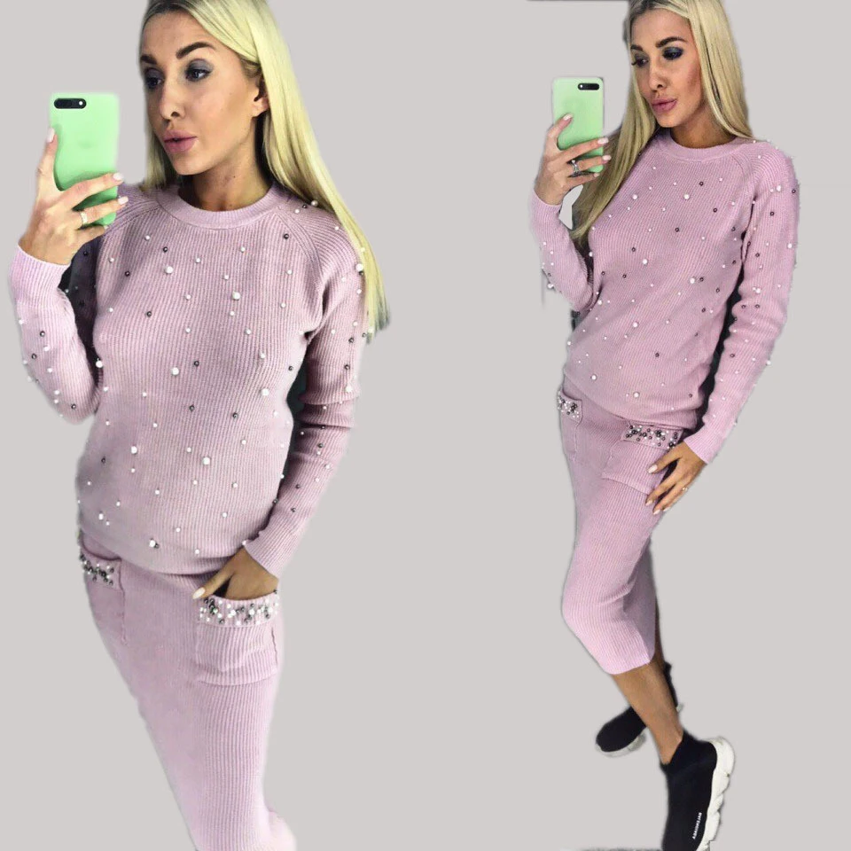 

2020 New Autumn Winter knitted Sweater Set Long Sleeve O-neck Beaded Pullover Sweater +Skinny Skirt 2 piece sets for women