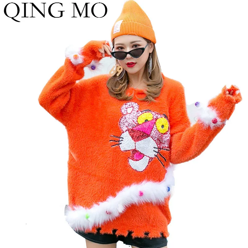 QING MO оранжевый синий Женский пуловер свитер 2019 женский Розовая пантера с
