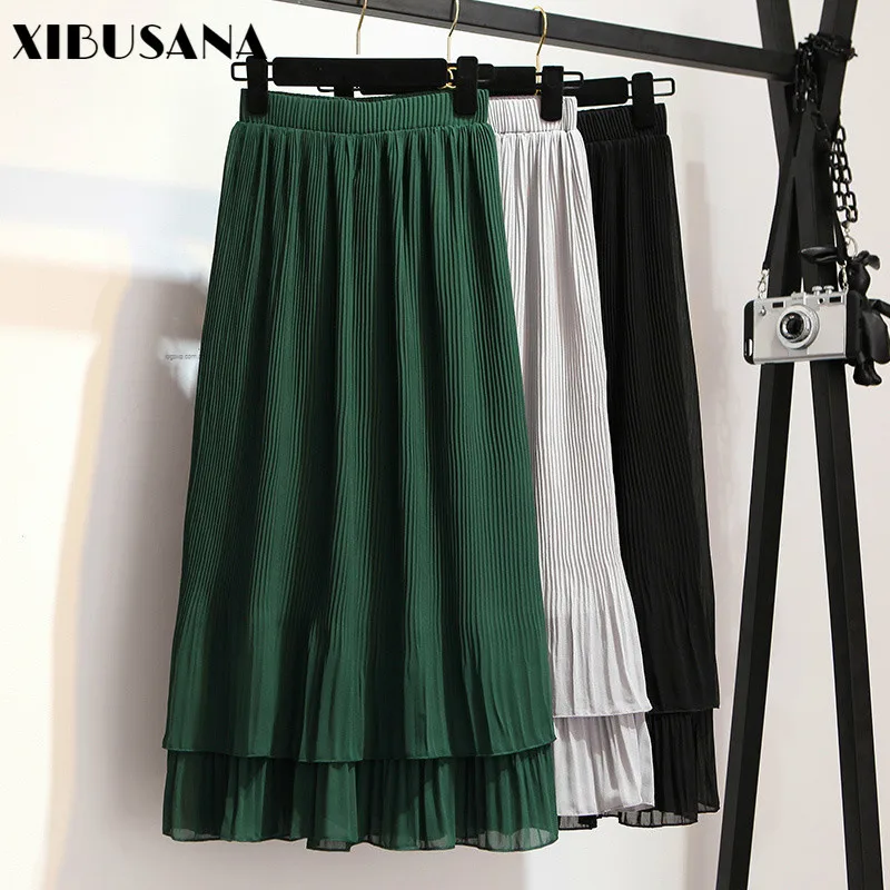 

2020 New Spring Summer Skirts Women Chiffon Solid Long Skrits Casual Female Elastic Pleated High Waist Ruffles Skirt