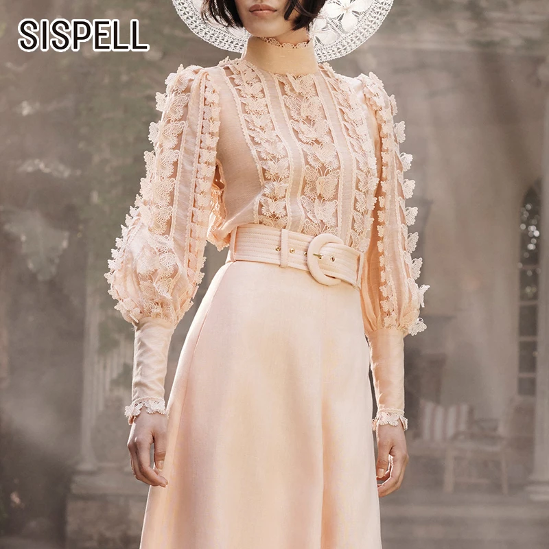 SISPELL Корейская кружевная Лоскутная Женская рубашка со стоячим воротником и