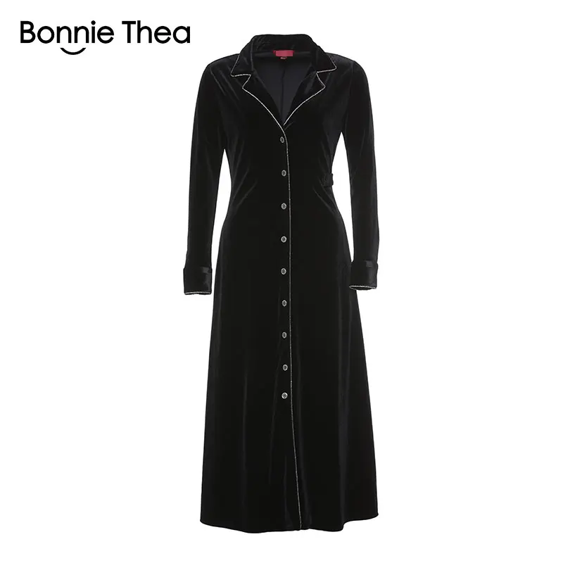 

Bonnie Thea women European and American new style suit collar Retro Black Velvet Dress female Elegant black party dress