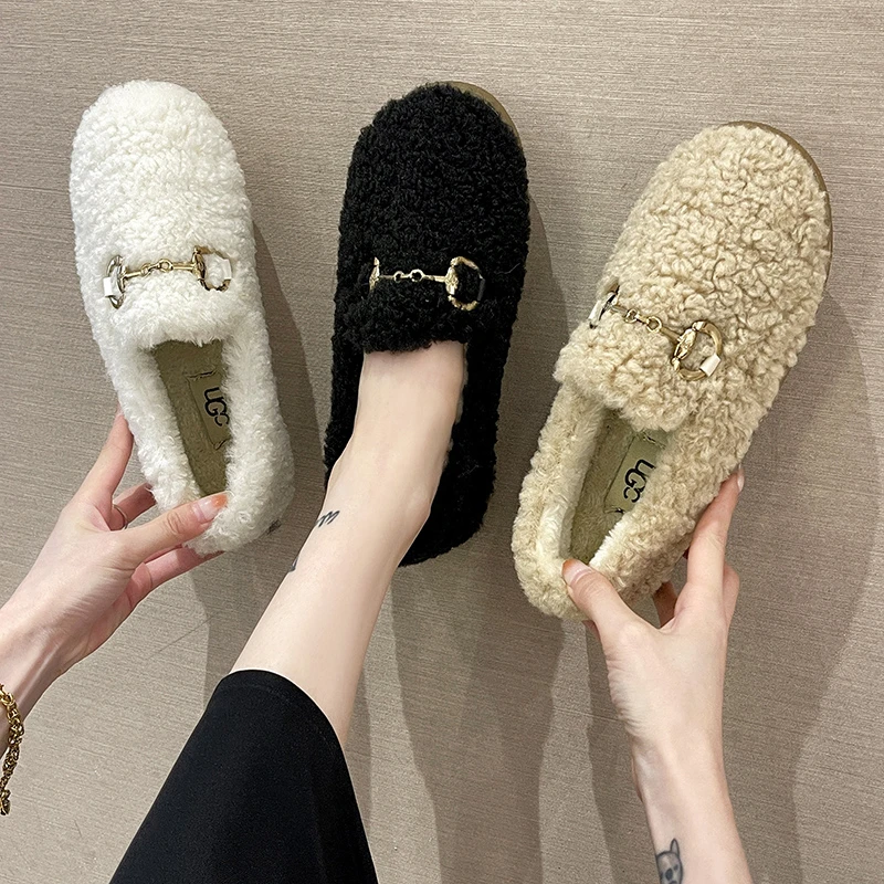 

Chain Warm Fur Flat Shoes Fashion Winter Fluffy Women Shoes Woman Indoor Slippers Causal Home Lady Shoes Zapatillas De Deporte