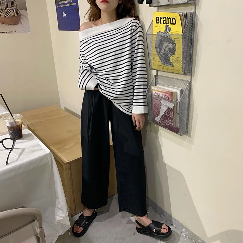 

slash neck off shoulder long sleeve pullovers Sweaters female spring autumn new Korean style loose casual striped knitted tops