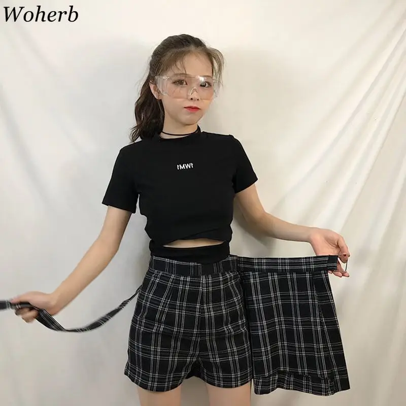 Woherb, комплект из двух предметов, женский черный укороченный топ и клетчатая юбка, шорты,, корейский сексуальный костюм, летняя одежда, женские юбки, набор 21431