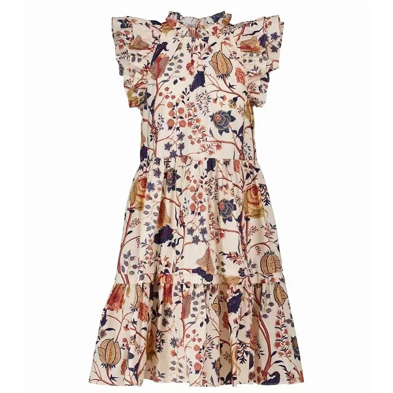 

2021 Spring Summer Top Quality Designer Clothes Ruffles Collar Sleeveless Navy Blue Beige Cotton Midi Dresses