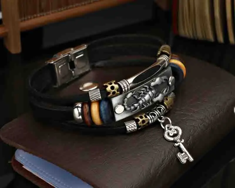 Многослойные мужские браслеты в стиле ретро с скорпионами кожаный браслет