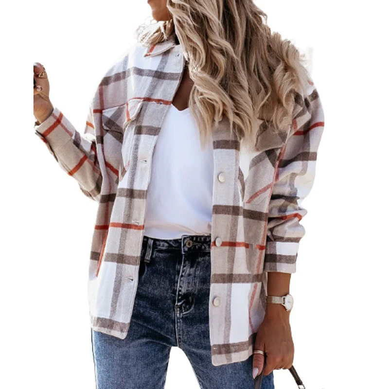 

Elegant Turn-Down Collar Women Jackets 2021 Spring Vintage Plaid Casual Long Sleeve Coat Lady Fashion Loose Streetwear Outerwear