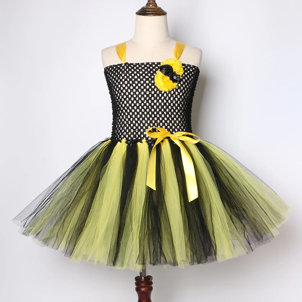 1 Set Bee Girls Tutu Dress Yellow Black Honeybee Fairy Costume Outfit Kids Halloween Masquerade Party Fancy Dresses | Детская одежда и