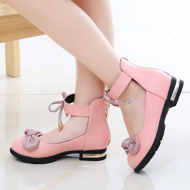 Children's Girls Shoes Leather Princess Spring and Autumn New Black Red Pink Kids High Heels Fashion Bow Little Girl |
