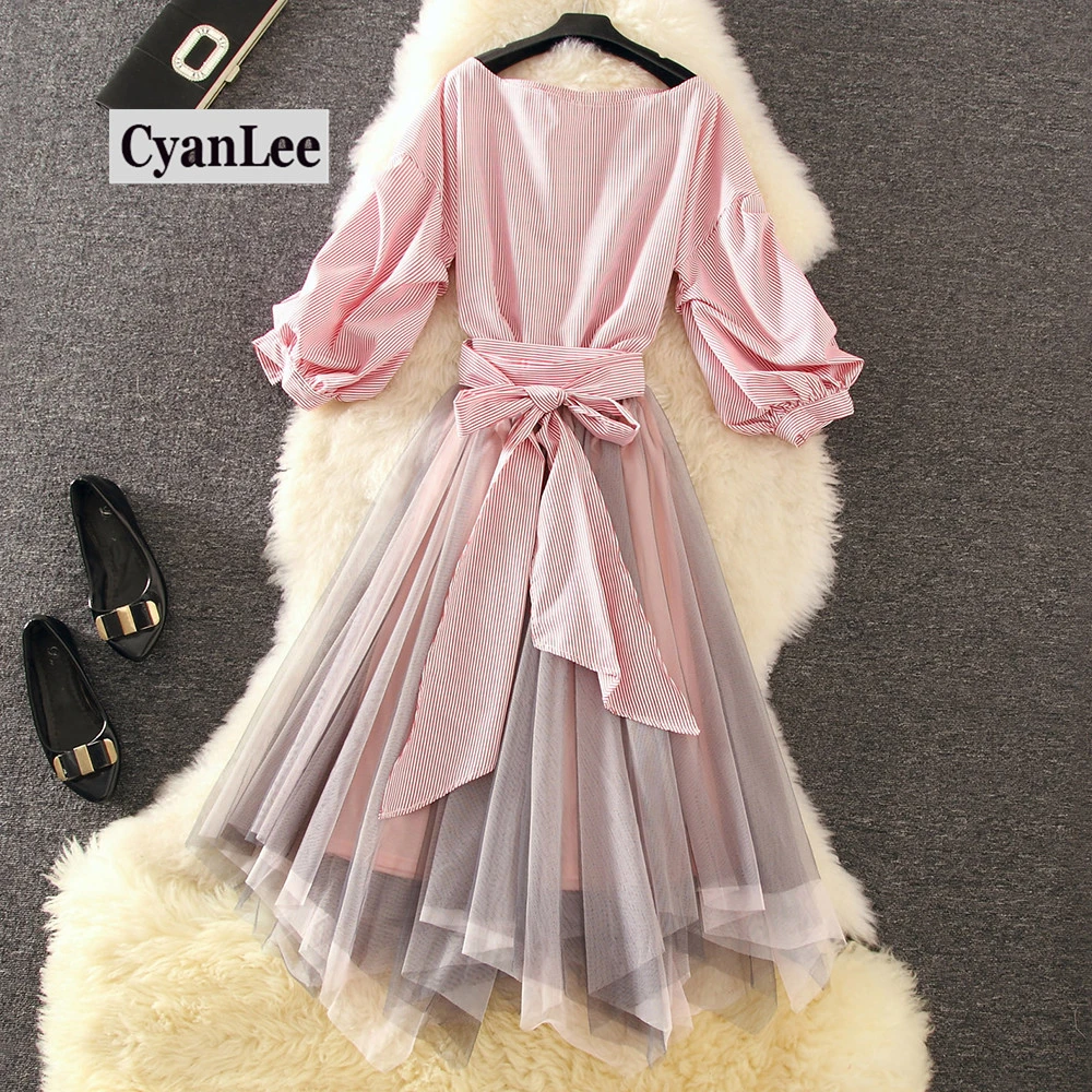 

Summer Mesh Skirt Striped Shirt Sets Pink Puff sleeve Bow Lace-up Blouse and Pleated Irregular Mesh Skirt Two piece Casual Set