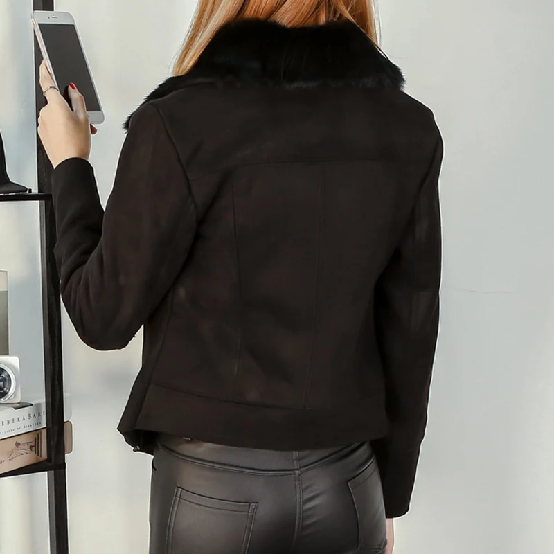 Женская Черная замшевая куртка с меховым воротником зимнее женское замшевое