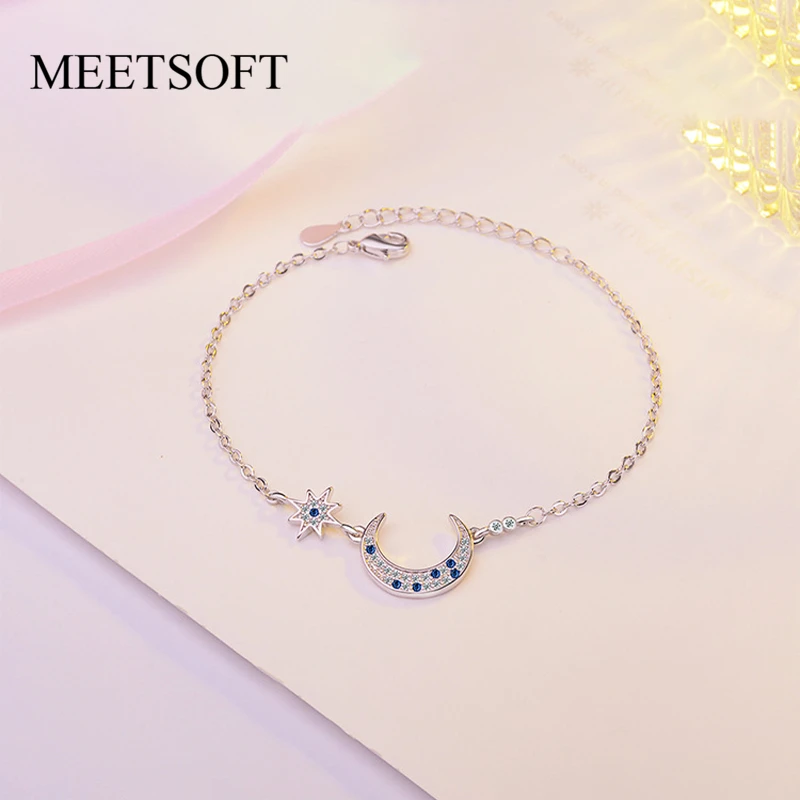 

MEETSOFT Trendy 925 Sterling Silver Moon Star Blue Zircon Chain Bracelets for Women Minimalist Design Fine Jewelry Drop Shipping