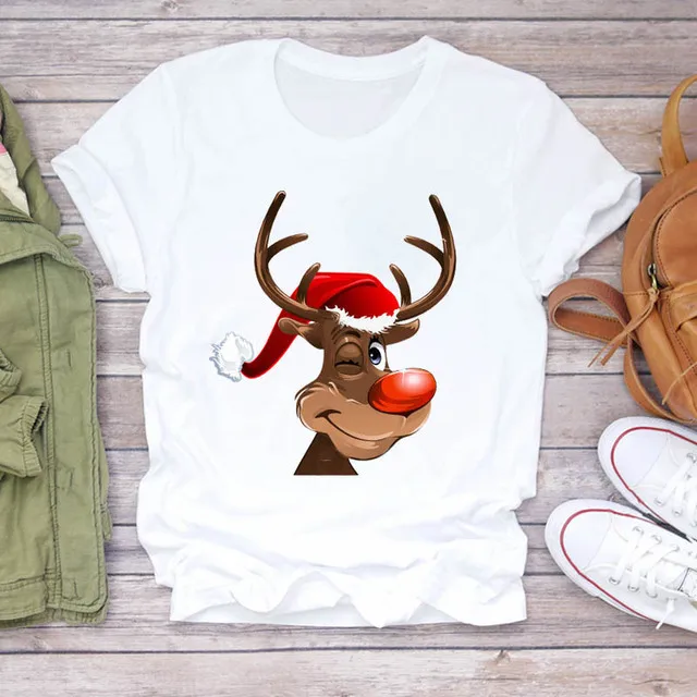 

Christmas Elk T Shirt Womens Clothing Claus Snowman Print Cartoon 2022 Happy New Year Holiday Aesthetic Clothes