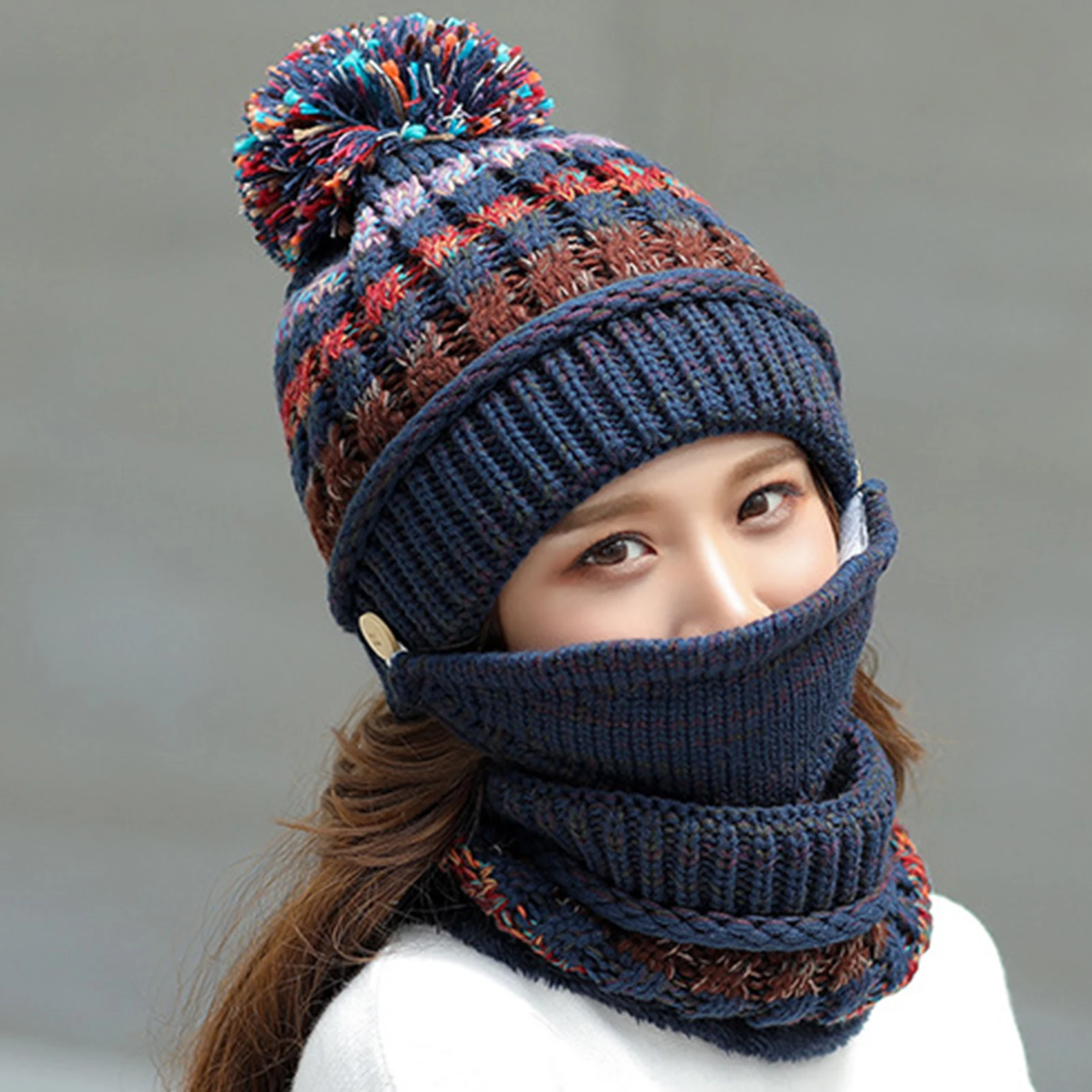 

3Pcs women winter hat and scarf set Plush Riding Knitted Hat Beanie Scarf Face Cover Cycling Warm Set for outdoor hiking travel