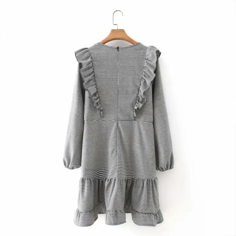 

Women's Spring Summer O Neck Casual Short Dress Ladies 2021 New Big Swing Bird Lattice Jacquard Ruffle Puff Sleeve Dress Female