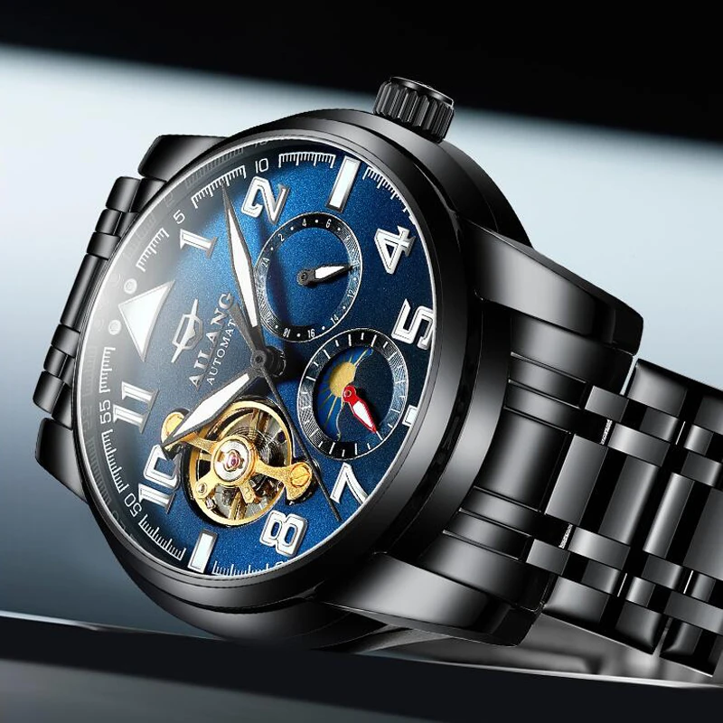 Мужские часы с Лунной фазой черные стальные военные спортивные наручные