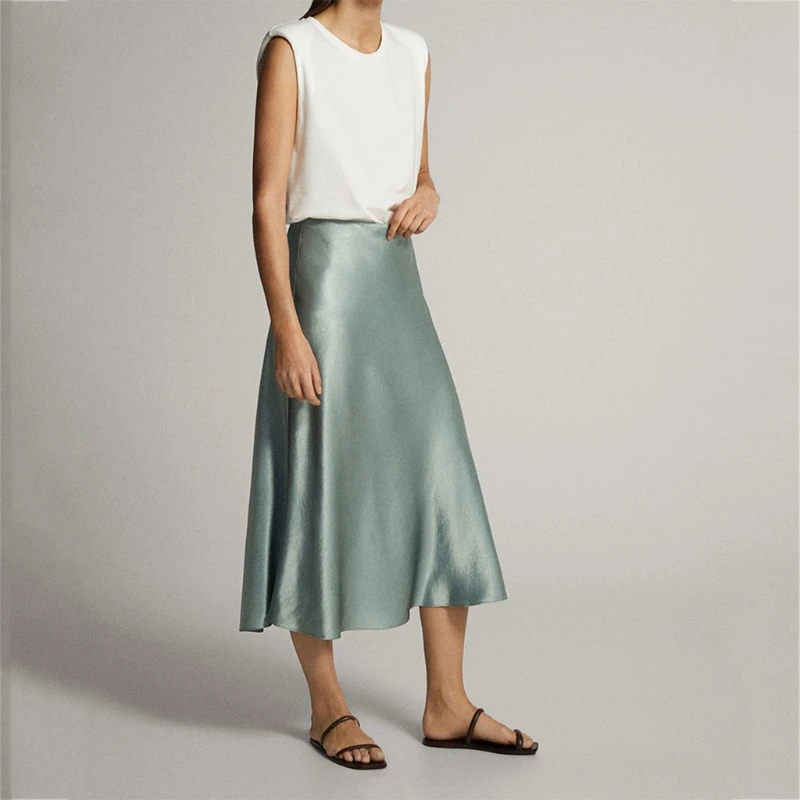 

Women Silky Satin High Waist A-Line Midi Long Skirt Simple Solid Color Mint Green Flared Hem Loose Office Streetwear
